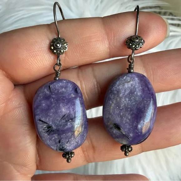 Handmade Chariote Purple Gemstone Sterling Silver Boho Dangle Earrings - Picture 16 of 17